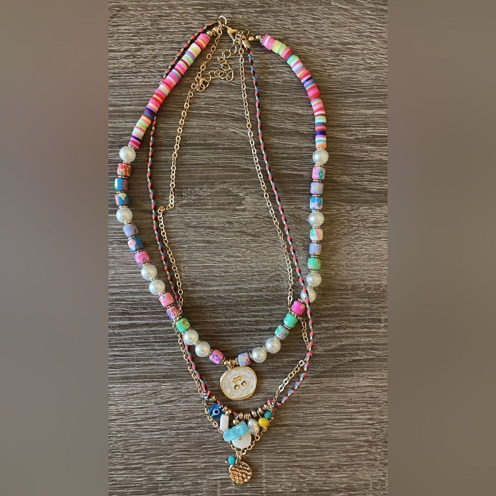 Anthropologie Multicolor Layered Beaded & Gold Charm Necklace - Picture 4 of 5